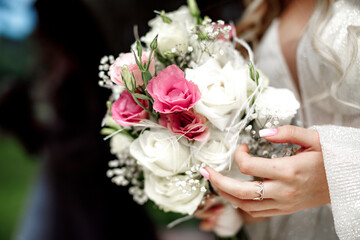 Obraz na płótnie Canvas Wedding bridal bouquet. Beautiful flowers. Rustic. Soft focus.