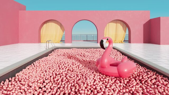 Inflatable tropical flamingo floating in the pool filled with thousands of pink rubber balls. 3D rendered animation background illustrating aesthetics of modern luxury lifestyle.