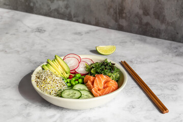 Keto diet poke bowl. Edamame beans, salmon, avocado, seaweed, a great source of protein and healthy fat. 