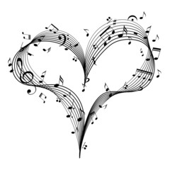 Music heart with key and notes. Design element for romantic music. Valentine card. Vector