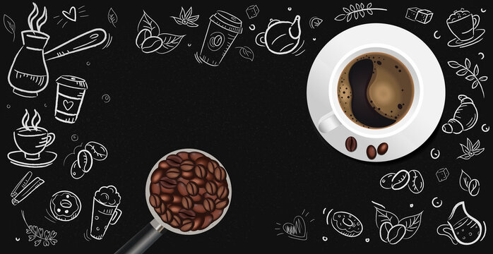 Coffee background with realistic cup of coffee - Vector