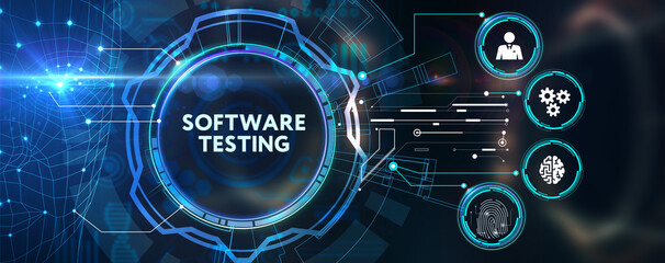 Inscription SOFTWARE TESTING on the virtual display. Business, modern technology, internet and networking concept