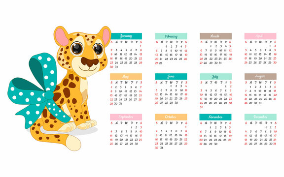 Vector Image Kids Calendar Template For The Year 2022  With Cute Cartoon Cheetah