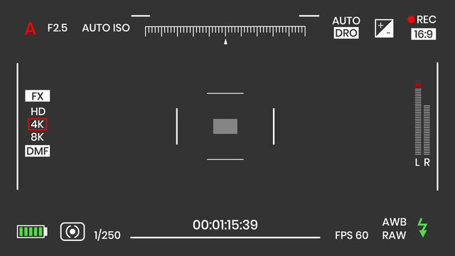 Camera viewfinder video or photo frame recorder flat style design vector illustration. Digital camera viewfinder with exposure settings and focusing grid template.