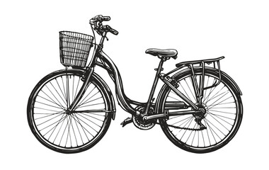 Hand drawn road retro bike with basket. Eco transport sketch. Vintage vector illustration