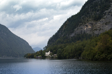 View of Hallstatt village and Hallstatter See mountain lake in Austria, Salzkammergut