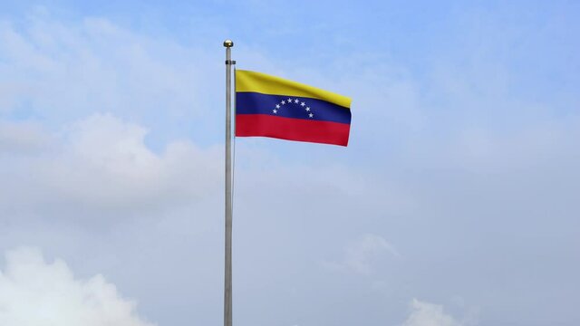 3D, Venezuelan flag waving on wind with blue sky and clouds. Venezuela banner blowing smooth silk. Cloth fabric texture ensign background. Use it for national day and country occasions concept.-Dan