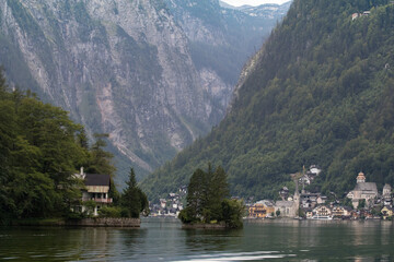 View of Hallstatt village and Hallstatter See mountain lake in Austria, Salzkammergut