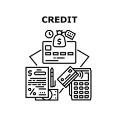 Credit Money Vector Icon Concept. Credit Money Bank Agreement And Plastic Card With Contactless Pay Pass Technology For Payment Pos Terminal. Financial Accounting And Wealth Black Illustration