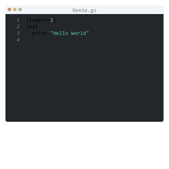 Genie language Hello World program sample in editor window