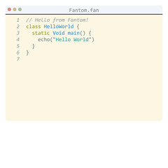 Fantom language Hello World program sample in editor window