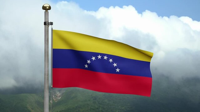 3D, Venezuelan flag waving on wind at mountain. Venezuela banner blowing smooth silk. Cloth fabric texture ensign background. Use it for national day and country occasions concept.-Dan