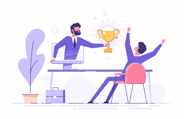 Handsome businessman holds out a golden cup from a monitor to a happy office worker. Award in the online contest. Modern vector illustration.