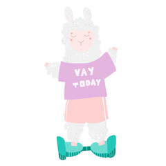 Cute llama rides on a Segway, sports, leisure. Vector illustration in flat style. Baby girl.