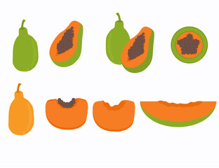 Set of fruits or vegetables.Papaya, half and slices.Collection of thai fruits isolated.Flat design.Cartoon vector illustration.Sign, symbol, icon or logo.Hand drawn or clipart elements.
