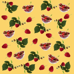 The concept of using raspberries in cooking. Pattern : ripe raspberries, a branch of raspberries, a cup with raspberries are arranged randomly on a yellow background.
