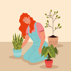 woman plant in pots