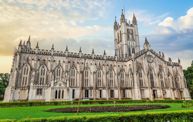 Ancient St. Paul's Cathedral church built in 1847 in gothic colonial architecture style at Kolkata, India - obrazy, fototapety, plakaty