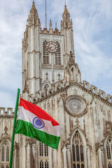 Fototapeta premium Indian national flag in front of St. Paul's Cathedral church Kolkata on Independence day