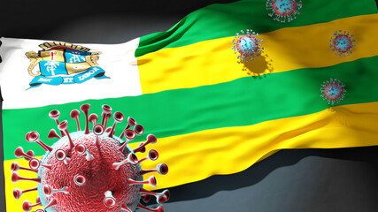 Covid in Aracaju - coronavirus attacking a city flag of Aracaju as a symbol of a fight and struggle with the virus pandemic in this city, 3d illustration