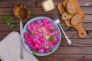 Gnocchi with cream beetroot sauce