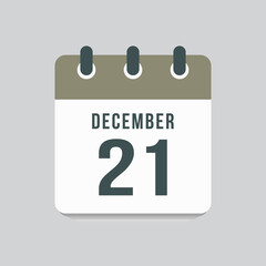 Icon day date 21 December, template calendar page