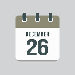 Icon day date 26 December, template calendar page