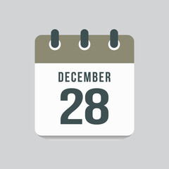 Icon day date 28 December, template calendar page