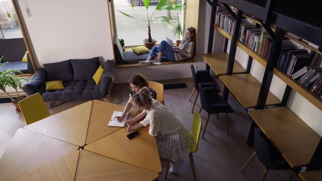 Two adult female students discussing new project in library, high angle view