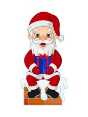 Cartoon santa claus in a chimney holding a gift