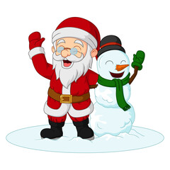 Cartoon santa claus with snowman waving hands