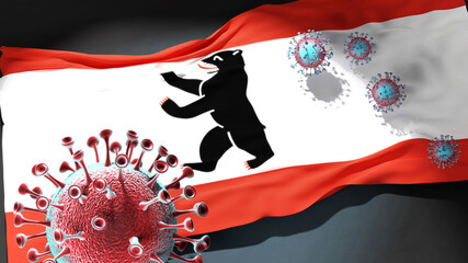 Covid in Berlin - coronavirus attacking a city flag of Berlin as a symbol of a fight and struggle with the virus pandemic in this city, 3d illustration