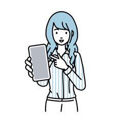 Fototapeta premium 立ってスマートフォンを指差してこちらに向けて見せているブラウスの女性