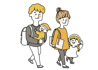 赤ちゃんを抱っこして歩く父親と娘と手を繋いでいる母親