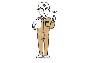 サムズアップをしている作業着を着てバインダーを持っている男性