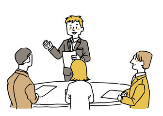 プレゼンテーションをしているスーツの男性