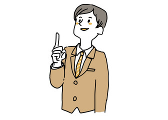 上を指差しているスーツの男性