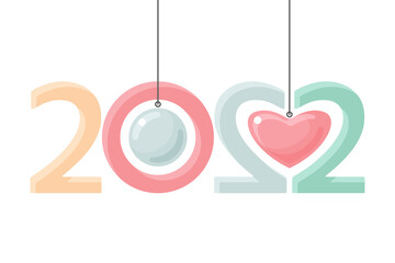 Multicolored holiday numbers 2022 with Christmas tree decorations. New Year's ball and heart on strings. Happy New Year festive card.