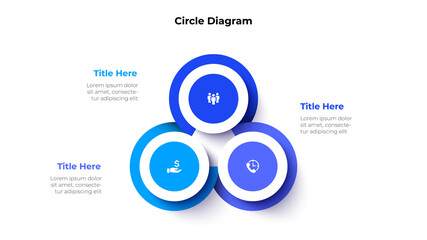 Abstract element is divided into 3 options with circles. Business data visualization for presentation. Vector cycle info graphic diagram