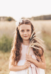 A little cute girl with long hair holds spikelets of wheat in the field in the summer. Summer. Harvest concept