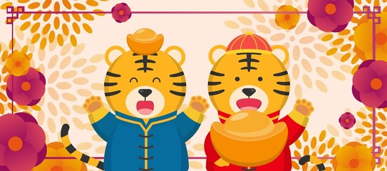 Vector of Chinese New Year poster with gorgeous flowers and fireworks, cute tiger comic cartoon character mascot