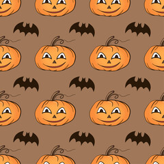 Halloween festive seamless pattern. Endless background with pumpkins.