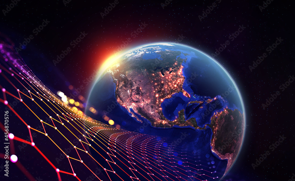 Aufkleber Global network in orbit of planet earth. View from space at night city and sunrise. 3D illustration. Elements of this image are furnished by NASA