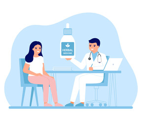 Consultation doctor holistic healing health of woman patient in clinic alternative medicine. Medical advice, heal, supervision. Prevention and treatment health with nature herbal medicine. Vector
