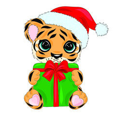 Cute cartoon tiger on a white background. Symbol of 2022 on the Chinese calendar. Cute little tiger in christmas costume