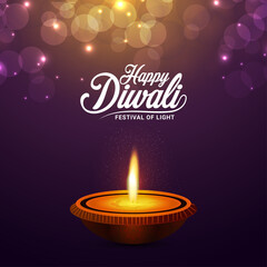 Happy diwali indian festival with creative vector illustration of diwali diya on purple background