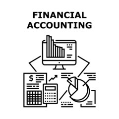 Financial Accounting Vector Icon Concept. Financial Accounting And Analyzing Annual Report. Researching Diagram And Infographic On Screen, Balance Sheet And Income Statement Black Illustration