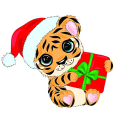 Cute cartoon tiger on a white background. Symbol of 2022 on the Chinese calendar. Cute little tiger in christmas costume