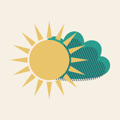 Yellow sun and blue cloud. Illustration with decorative lines. Cute print of weather. 
