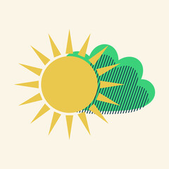 Yellow sun and blue cloud. Illustration with decorative lines. Cute print of weather. Vector.